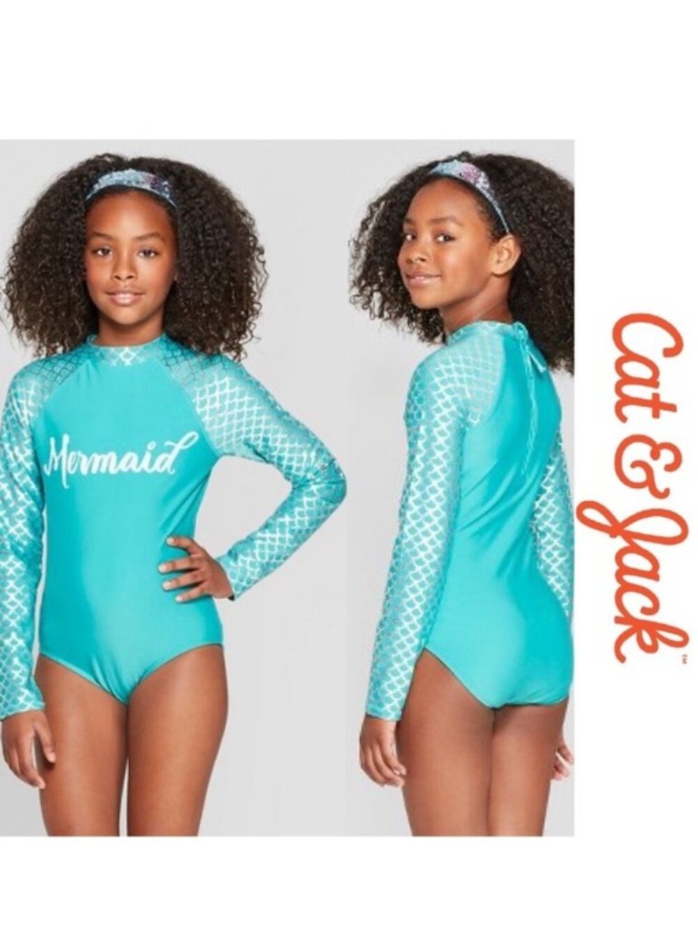 Cat & Jack | Long Sleeve Aqua Mermaid Rash Guard One Piece Swimsuit | Size Large